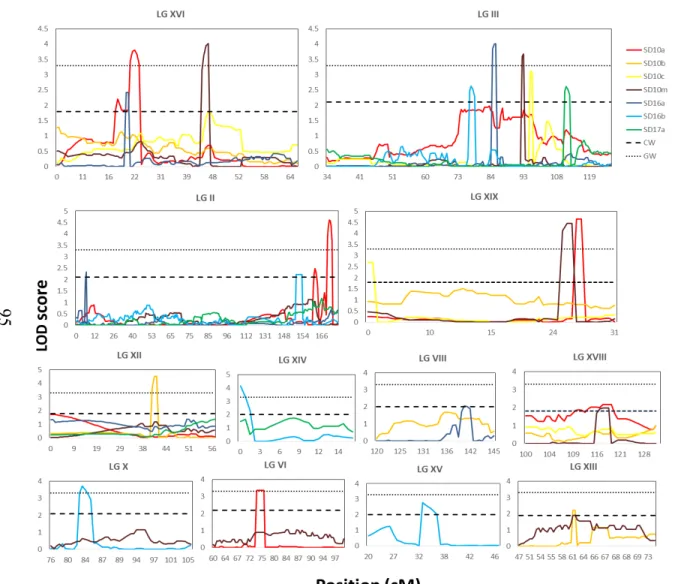 Figure 2 LOD score profiles for  stomatal density QTL on LG II, III, VI,  VIII, X, XII, XIII, XIV, XV, XVI and  XIX using the Multiple-QTL Model  (MQM) with co-factor selection across  all experimental replicates