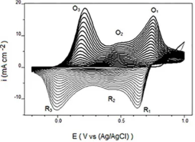 Fig. 1: CVs of 50 mM Ani in 1 M H3containing 0.5 M kCl on CG electrode. PO4 The scan rate is 100 mVs-1