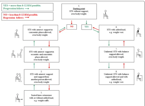 Fig. 2 Progression model for loaded sit-to-stand exercise (STAND). STS sit-to-stand, 8–12 RM 8–12 repetitions maximum (a zone in which muscularfatigue should be reached)