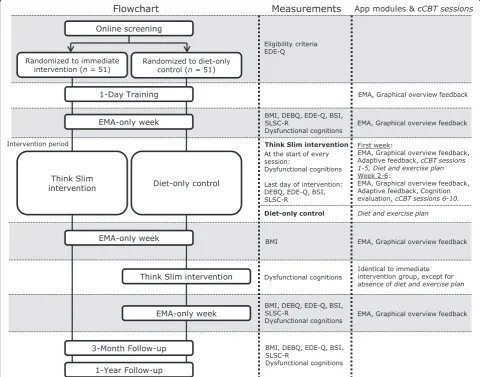 Fig. 1 Flowchart for the immediate intervention and diet-only control groups. Note: timing for the 3-month and 1-year follow-up measurementswill be calculated from the end of the last Ecological Momentary Assessment (EMA)-only week for both groups