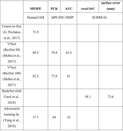 Table 2-5:  Evaluation of the 3D pose estimation methods 