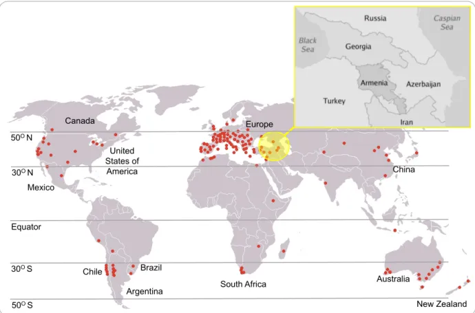 Figure	2.1:	Centre	of	grapevine	domestication	(yellow	circle,	insertion	showing	the	modern-day	 country	borders)	and	current	wine-producing	areas	(red	dots).	Grapevine	grows	mainly	in	areas	 with	 a	 temperate	 climate,	 between	 the	 30 o 	 and	 50 o 	 la