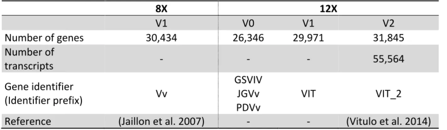 Table	2.1:	Number	of	predicted	genes	in	the	grapevine	annotation	versions.	All	annotations	are	 available	 from	 CRIBI	 (Centro	 di	 Ricerca	 Interdipartimentale	 per	 le	 Biotecnologie	 Innovative,	 University	of	Padua,	Italy;	http://genomes.cribi.unipd.i