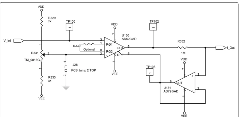 Fig. 3 Diagram of the stimulator. Input voltage is applied at Vinj, output current flows between IOut and Gnd
