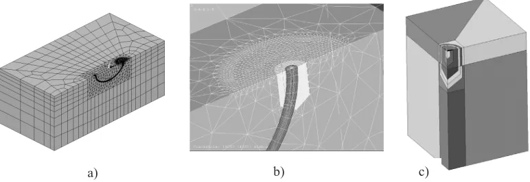 Fig. 3.    a) Finite elements model of half-space with surface elliptic crack;   b) mesh of finite elements near the crack tip;   c) structural model of half-space with dissimilar materials 