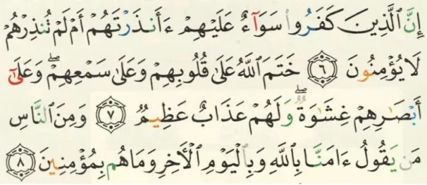 Figure 4.7 – excerpt from (Taha 2008) showing colour coded annotation of  tajweed rules 