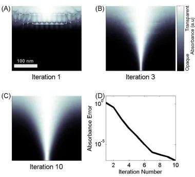 Figure 5.3 Absorbance pattern in the AML at iteration number (a) 1, (b) 3 and (c) 10, with the measured 