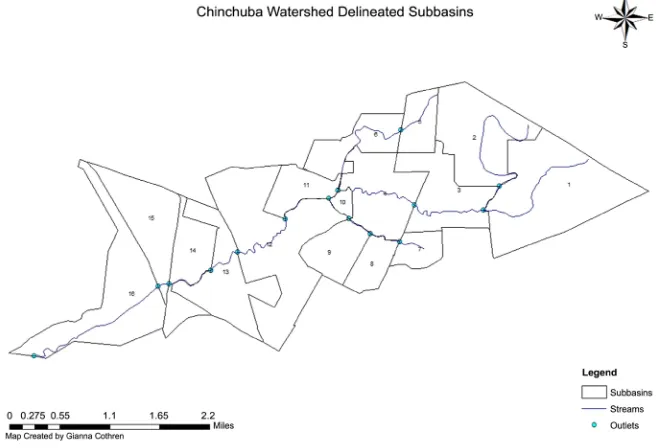 Figure 1. Chinchuba Watershed delineated shape file with Hydrography Dataset (NHD) stream database and outlets (USGS) along Bayou Chinchuba, St