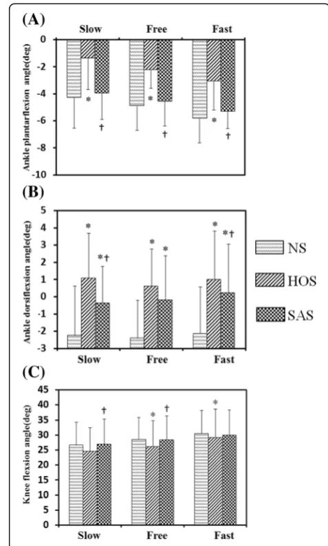 Fig. 7 The results of ten subjects with stroke:difference from HOS (swing phase, andphase, *: significant difference from NS ( a ankle plantarflexionangles at toe-off event, b maximum ankle dorsiflexion angles during c peak knee flexion angles during swingP < 0.05), †: significantP < 0.05)