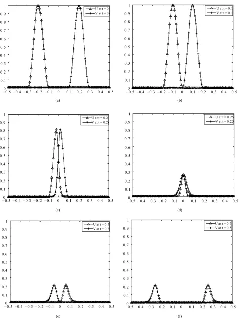 Figure 3. Numerical solution using quintics. Figures 3(a)-3(f) show the motion and interaction of the waves u and v