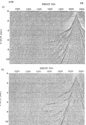 Fig. 9. (a) Vertical high-gain component of OBS 1, high-frequency data. Every 4th trace plotted with 4 s AGC, 8.0 km/s reduction velocity, and 5–12 Hzband-pass ﬁlter