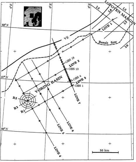 Fig. 1. The survey area with all proﬁles and OBS positions indicated. Line 7 represents the semi-local proﬁle described in this paper