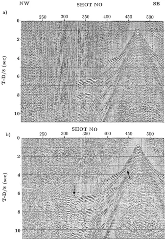 Fig. 6. (a) Vertical high-gain component of OBS 1, low-frequency data. Plotted with Automatic Gain Control (AGC) window of 4 s length, and 8.0 km/sreduction velocity