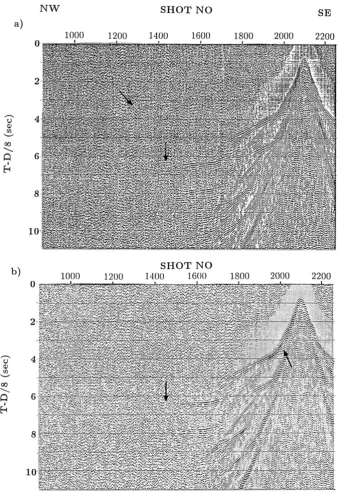 Fig. 8. (a) Vertical high-gain component of OBS 1, high-frequency data. Plotted with 4 s AGC, 8.0 km/s reduction velocity, and 5–12 Hz band-pass ﬁlter.The arrow at ca