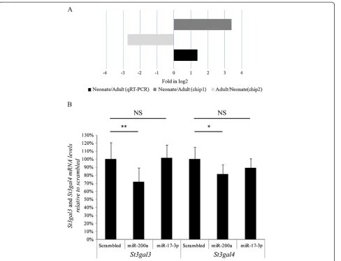 Figure 5 Role of miR-200a in the control ofwith respect tomiR and set as 100%. Differences were analyzed by means of Student's St3gal3 and St3gal4 in murine primary hepatocytes