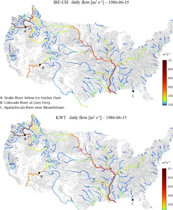 Figure 5. Spatially distributed daily streamﬂow on 15 July 1986 in the GF river network simulated with mizuRoute
