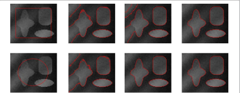 Figure 2 The evolving process and the ﬁnal results of our method. The evolving process and the ﬁnal results of our method with application tothe images with intensity inhomogeneity