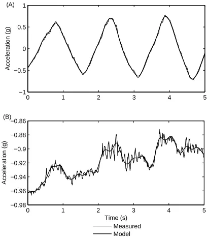 Figure 5: Measured and model tangential (A) andradial (B) acceleration