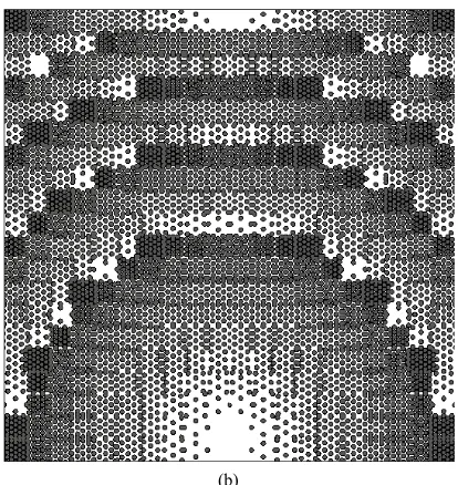 Figure 9. The design processes of 25˚rated reflect-array. (a) The required phase shifts of elements and corresponding  off broadside perfo-eff values; (b) The geometry of the designed perforated substrate