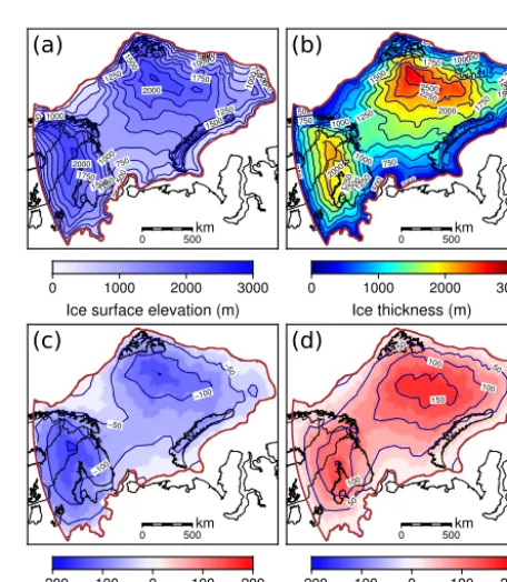 Figure 4. (a) Reference ice sheet reconstruction with a 1 km spac-tends to overestimate the ice surface elevation in mountainous re-a 20 km spacing and 20 m contour interval and the reference recon-struction shown ining and 10 m contour interval using the 