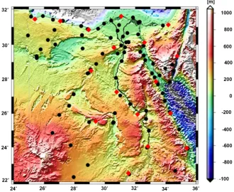 Figure 1. Distribution of the 85 gravity stations from SRI network (black) and 17 GPS/ Levelling benchmarks (red) in Egypt