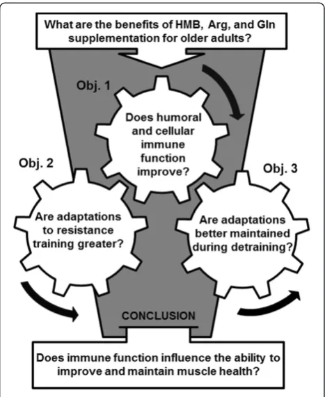 Figure 1 Study objectives for a randomized trial of a nutritionalsupplement designed to determine if immune functioninfluences the ability of older adults to improve muscle mass,strength, function, and cellular adaptation to resistanceexercise training.