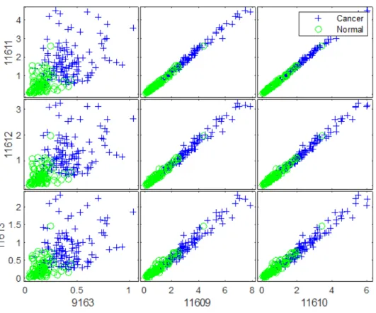 Figure 4: Scatter plots matrix of the discovered biomarkers (index) with HP weight of ovarian cancer dataset.