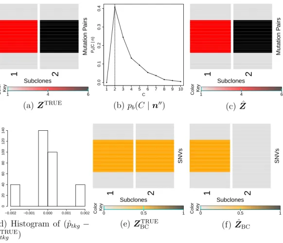 Figure 2.2: Simulation 1. Simulation truth Z TRUE (a, e), and posterior infer- infer-ence under PairClone (b, c, d) and under BayClone (f).