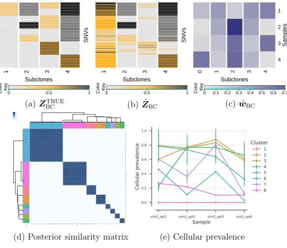 Figure 2.5: Simulation 2. Posterior inference under BayClone (a, b, c) and PyClone (d, e).