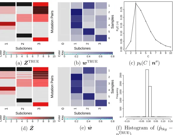 Figure 2.6: Simulation 3. Simulation truth Z TRUE and w TRUE (a, b), and posterior inference under PairClone (c, d, e, f).