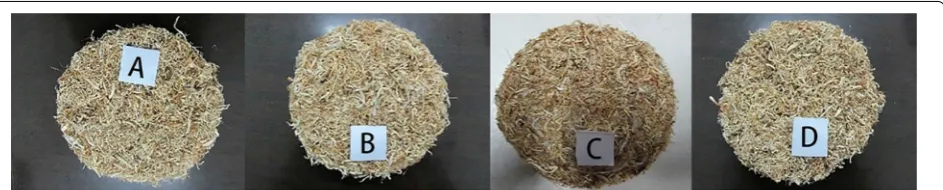 Fig. 1 Wood fiber filter elements. A Is the nearest to the inlet of the DPF, B close to A, C close to B, and D is the nearest to the outlet of the DPF