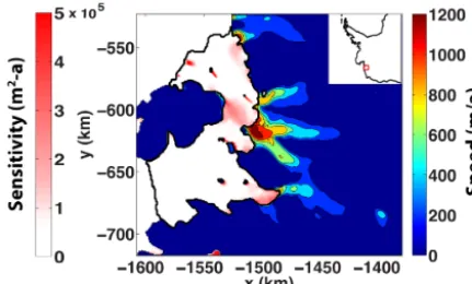Figure 3. Adjoint sensitivity of loss of VAF to basal melting underthe ice shelves adjacent to Smith Glacier (location shown in inset).Filled contours give modeled ice velocity where ice is grounded;red–white shading gives adjoint melt rate sensitivity und