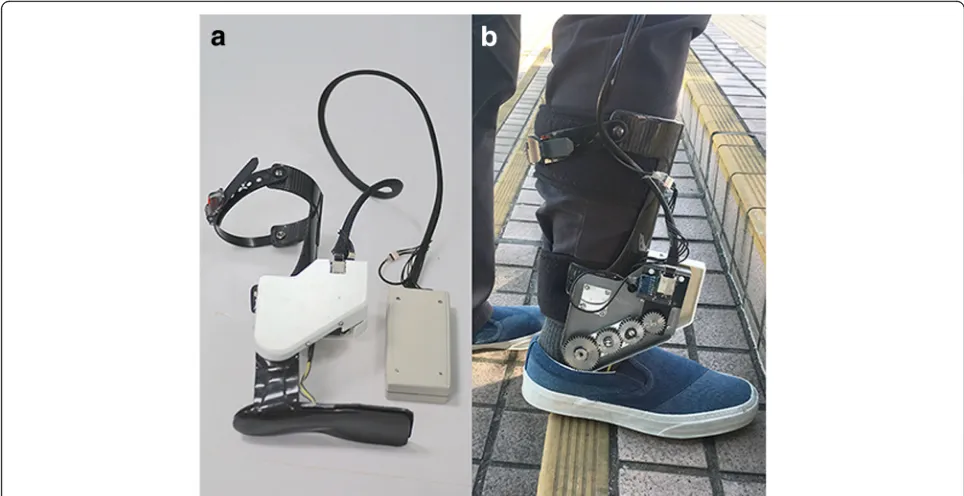 Fig. 1 a Robot-assisted AFO, and b Stroke patients walking on stairs wearing the robot-assisted AFO