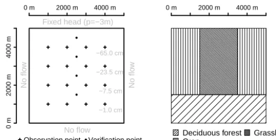 Figure 5. Synthetic set-up for the twin experiment. The left hand ﬁgure shows boundary conditions of the subsurface model (ParFlow) andthe location of observation (crosses) and veriﬁcation (ﬁlled circles) points