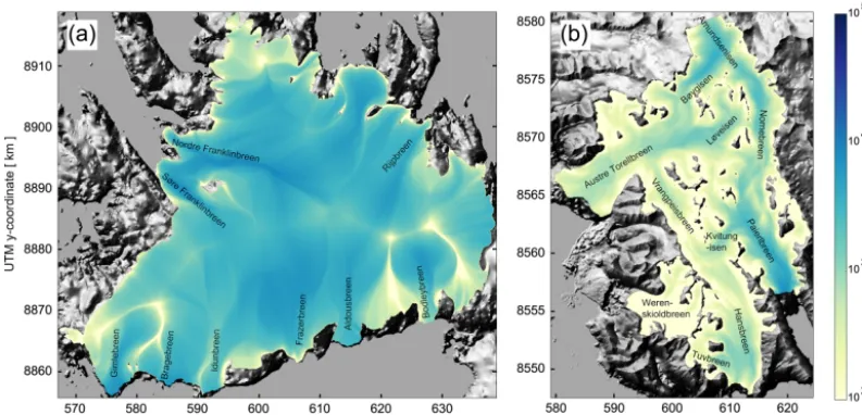 Figure 3. Ice-ﬂux solution after cost optimisation for VICincreases and converges. Before the ocean is reached, the outﬂow is channelled through several major outlet glaciers