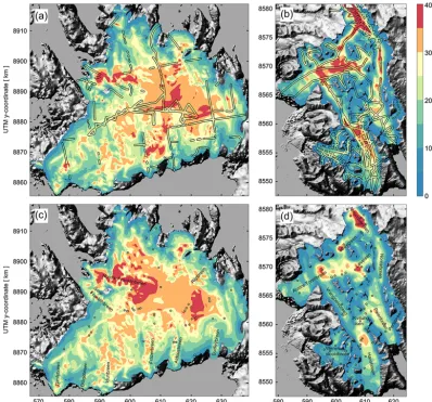 Figure 4. First-step ice-thickness map for VIC (a, c), THPB and WSB (b, d) accounting for thickness measurements