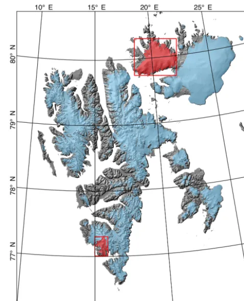 Figure 1. Overview map of the Svalbard archipelago showing icecoverage (blue shading)