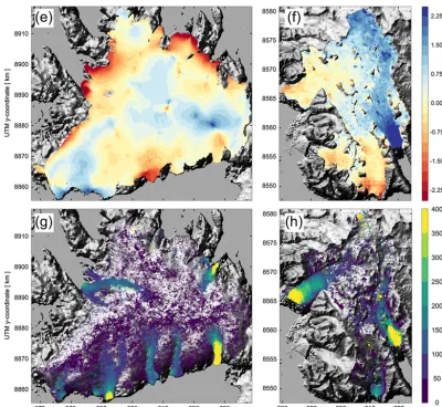 Figure 2. Input ﬁelds to the ice-thickness reconstruction for VIC (a, c, e, g), THPB and WSB (b, d, f, h)