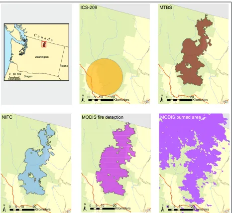 Figure 2.  Tripod Fire Complex size and perimeter for each of the five fire reporting systems compared