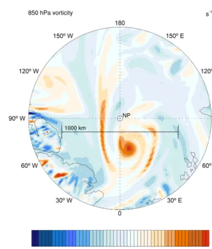 Figure 9. An example polar low on 25 December, simulation year 3,located at (017.0◦ E, 86.5◦ N) with structural similarities to a tropi-cal cyclone