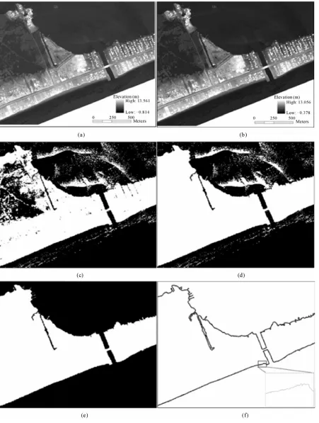 Figure 7. Shoreline extraction from LiDAR using object-based approach. (a) original LiDAR DEM; (b) LiDAR DEM after applying median filter; (c) LiDAR/tidal datum intersection result; (d) After removal of small and noisy land ob-jects with a threshold value 