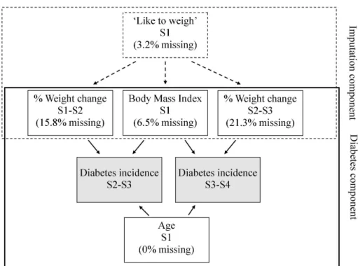 Figure 1: Model of the association between diabetes incidence and long-term BMI and short- short-term changes in weight