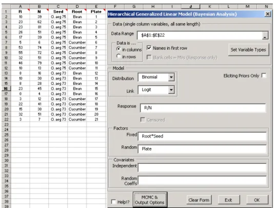 Figure 2: Data in an Excel sheet, with the completed model specification form.