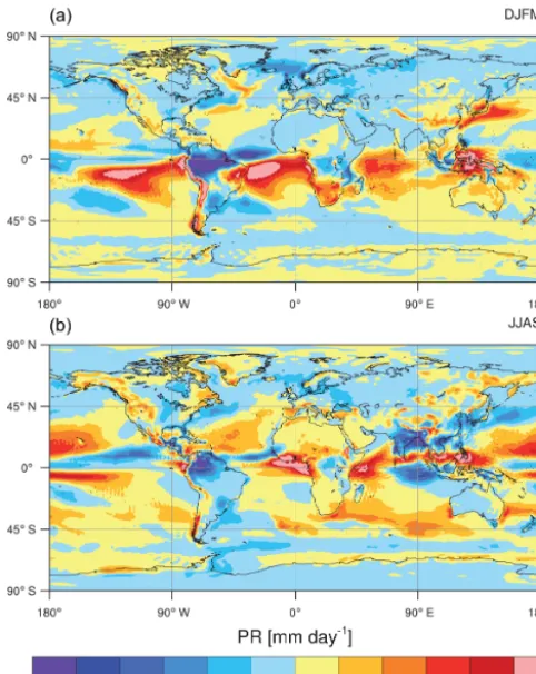 Figure 4. Biases in simulated precipitation (PR) compared to theGPCP observations (Adler et al., 2003) averaged over 1986–2005.Winter (a) and summer (b) periods are computed from DJFM andJJAS months.