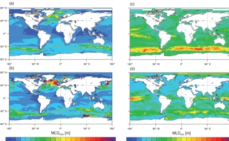 Figure 7. Composite of yearly extremum of mixed-layer depth over 1986–2005. Left panels represent the maximum mixed-layer depth(MLDmax) for (a) observations (Sallée et al., 2010) and (b) CNRM-ESM1