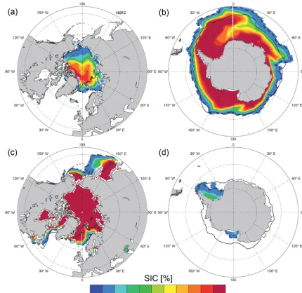 Figure 8. Sea-ice cover (SIC) as simulated by CNRM-ESM1 averaged over 1986–2005. Top panels represent composite of September sea-icecover, while bottom panels are for March