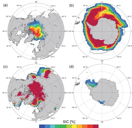 Figure 10. Impact of coupling frequency on sea-ice cover (SIC) as simulated by CNRM-ESM1 averaged over 1986–2005