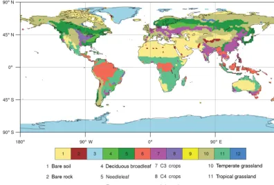 Figure 1. Fraction of dominant vegetation type as prescribed in SURFEX. This fraction results from aggregation of the various ECO-CLIMAP’s vegetation types at 1 km resolution over the T127 CNRM-ESM1 horizontal grid (∼ 1.4◦ nominal horizontal resolution).
