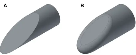 Figure 1 Bevel-tipped needle design parameters.Simulations in this study were conducted at a variety of values of fillet radius, bevel radius Notes: (A) A sharp bevel-tipped needle profile, with bevel angle α and needle r