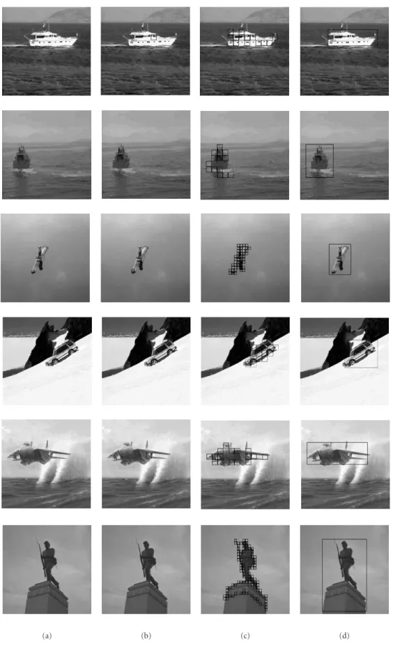 Figure 5: Man-made single-target detection results (columnwise). (a) Original images. (b) Images with seed window